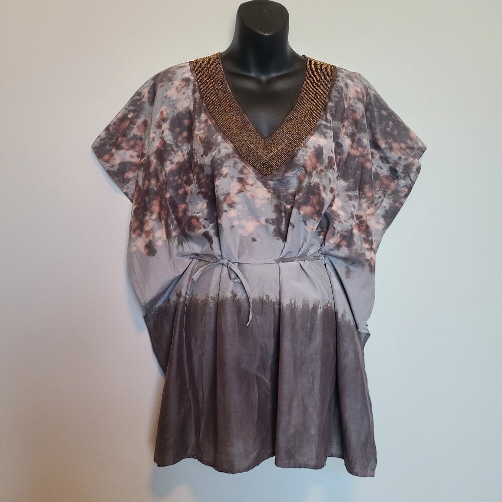 BLUE Saks Fifth Avenue Kaftan Syle Tunic Blouse Small Beaded V Neck  Tie Waist
